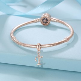 Symretie Women's Rose Gold Charm Pendant with Letter A-Z Charms Compatible with European Bracelets and Necklace, Sterling Silver, No Gemstone