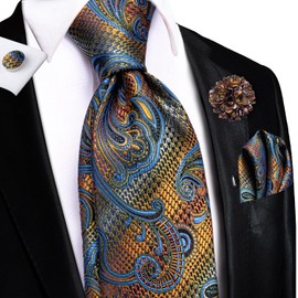 Corbatas de seda Hi-Tie para hombre tejidas con alfiler de solapa, gemelos, corbata formal para boda, negocios, graduación, Azul Naranja, Medium
