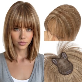 Clip-In Fringe Hairpieces, Real Hair, 360° Coverage, Hair Toppers for Women, Thin Hair, 21 g, 11 Inches, #4p27 Medium Brown/Dark Blonde