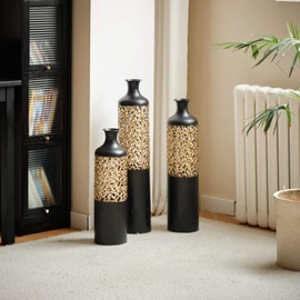 FRITHJILL Set of 3 Tall Decorative Black and Gold Metal Vases with Intricate Leaf Design, Modern Floor Vase for Home, Office, or Living Room Decor, Ideal for Displaying Flowers or Decorative Twigs