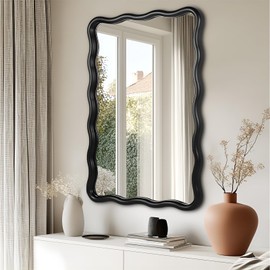Wavy Rectangular Bathroom Mirror with Scalloped Metal Frame - Modern Black Nursery Mirror for Vanity, Living Room, Entryway, or Hallway (Black)