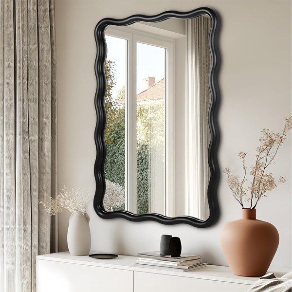 Wavy Rectangular Bathroom Mirror with Scalloped Metal Frame - Modern