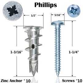 Ansoon #8 Metal Zinc Self-Drilling Drywall Anchors, Hollow Metal Wall Anchors and Screws Kit, 10 Heavy Duty Anchors + 10#8 x 1-1/4'' Screws for Hanging and Mounting， 20 Pieces All Together