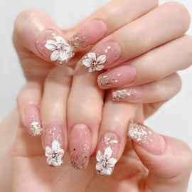 COLORBIRD Nail Tips, Long, 24 Pieces, Pink, Flowers, Nail Tips, Short, Cute, Ballerina (R758)