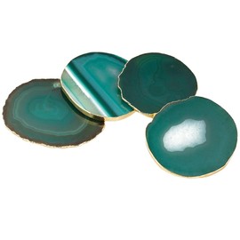 mookaitedecor Set of 2 Green Crystal Agate Slice Coasters for Drinks, Gold Edged Coasters Semi Precious Stone Geode Coaster Quartz Cup Mats, 3.1-3.9 Inch