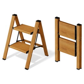 Mayi Plus 2 Step Ladder,Aluminum Folding Step Stool for Adults,Step Ladder with Wide Anti-Slip Pedal,330 lbs Capacity for Home,Office,Kitchen,Library(Woodgrain)