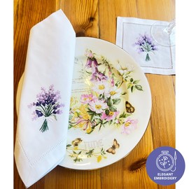 Hand Embroidered Dinner Napkins – Set of 2 (20” x 20”) – Italian Cotton with Hemstitch Trim, Lavender