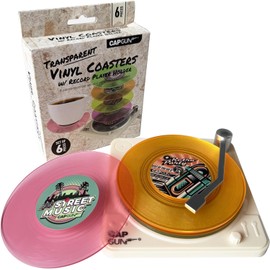 Funny Retro Record Coasters for Drinks with Vinyl Player Holder,Novelty 6 Pieces Vinyl Disk Coasters for Drinks,Bars,Party,Birthday Gifts for Music Lovers,Home Decor and White Elephant IdeasGifts