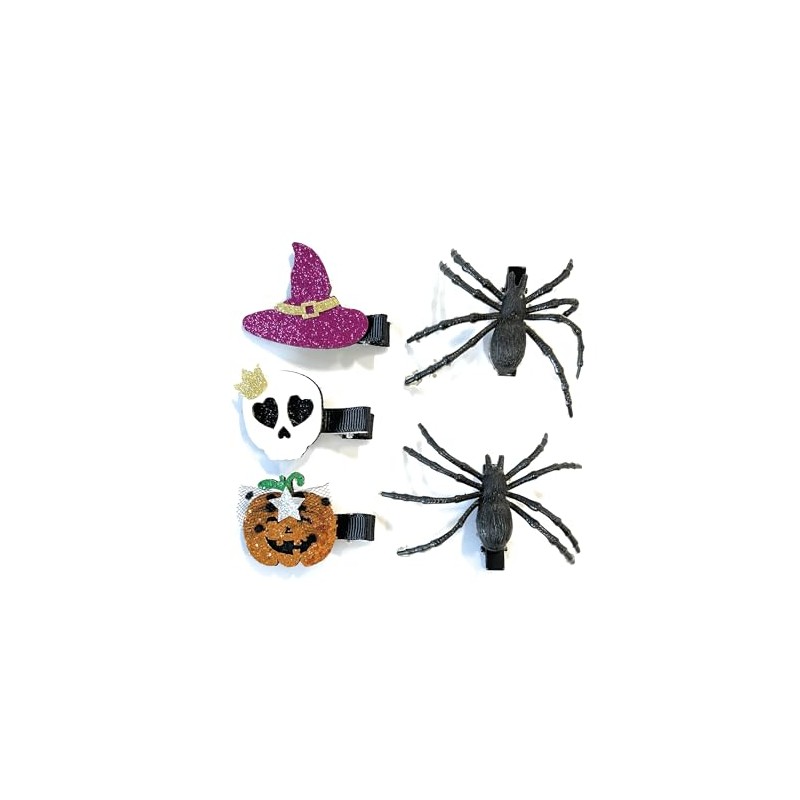 Halloween Spider Hair Clips Set, Glitter Skull Slides, Witch Hat,
