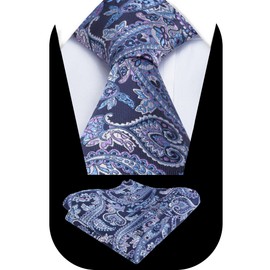 Alizeal Mens Paisley Tie for Men Pocket Square Wedding Party Flroal Necktie & Hanky Set, Navy+Purple