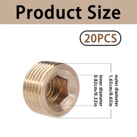 20pcs Brass Male Pipe Plug, 0.32in Inner Hex Head Pipe End Cap Sealing Fittings for Water Oil Gas Air and Refrigeration Lines