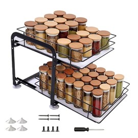 2-Tier Spice Rack Extendable Drawer Organiser for Kitchen | Gewürz Organizer Höhenverstellbar,Rutschfest mit PVC-Einlage.Stehend Nutzbar & Saugnapf,Kein Bohren. Maße: 28x24x23cm