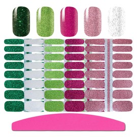 SILPECWEE 5 Sheets Glitter Nail Polish Stickers Self Adhesive Nail Wraps for Women Nail Strips Real Nail Polish Nail Art Accessories with 1pc Nail File