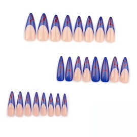 French Tip Press On Nails Long Stiletto Fake Nails Blue False Nails With Red Flame Design Artificial Glossy Full Cover Glue On Nail Reusable Stick On Nail For Women Acrylic Nails 24pcs
