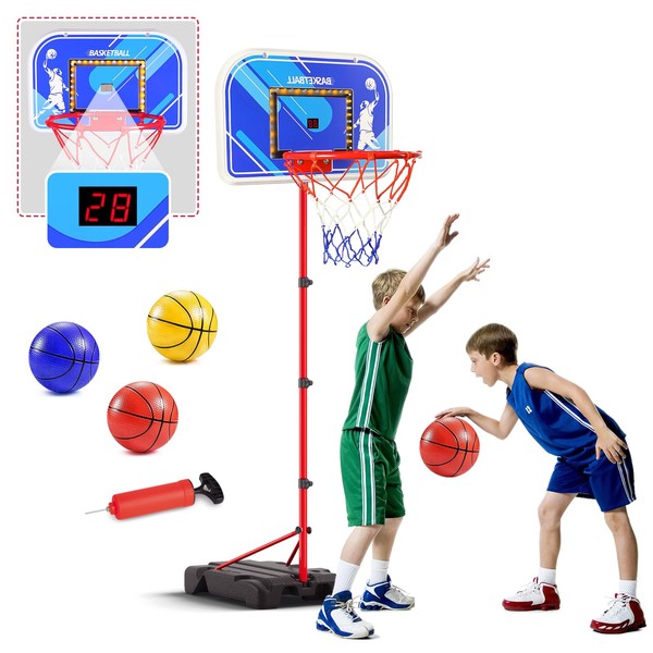VATOS Toddler Basketball Hoop Indoor for Kids, Stand Adjustable Height Basketball Goal Game with LED Light & Scoreboard & 3 Balls, Basketball Hoop Outdoor Toy Gift for Boys Girls Ages 3 4 5 6 7 8+