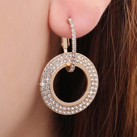 Xmsrn Vintage Crystal Circle Hoop Drop Earrings Rhinestone Huggie Hoop Earrings Gold Double Circular Drop Earrings Hollow Circle Dangle Huggie Earrings Jewelry for Women and Girls (Gold)