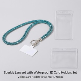 Fashion Sparkle Crystal Rhinestone Neck Lanyard,Bling Badge Holder with 2PCS ID Card Holders,Vertical and Horizontal,Bonus 1 Phone Patch (Lake Blue)