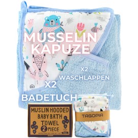 Tagopia Baby Bath Towel with Muslin Hood, Boy 2 Pieces with Wash Cloth 78 x 78 cm Blue Bath Towel Baby with Hood | Baby Bathrobe | Bath Poncho Baby | Baby Things for Newborns