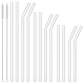 Dsmile 12 Pcs Reusable Glass Straws - Size 12.2"x10mm,10.5"x10mm,8.5"x10mm,Including 6 Straight and 6 Bent Clear Glass Straws with 2 Cleaning Brush for for Smoothies, Shakes, Coffee, Juice