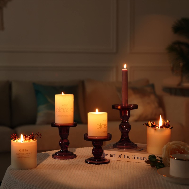 GMWD 3 Pcs Glass Candle Holder Set Clear, Purple Candlesticks