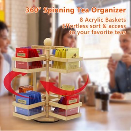 MinBoo Tea Bag Storage Bamboo Tea Bag Holder Coffee Box with 8 Compartments Tea Rack Teabag Station Stand for Cabinet Space Saving 360° Spinning Tea Display Stand for Kitchen Office
