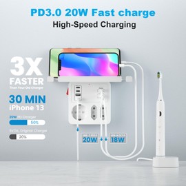 Kiykzi PD20W Steckdose mit Schalter, 3-Fach Mehrfachsteckdose mit Schnellladung PD3.0 20W und QC3.0 18W,Steckdosenadapter mit Handyablage Doppelstecker fr Steckdose USB C Ladeger?t Wandmontage, Wei?
