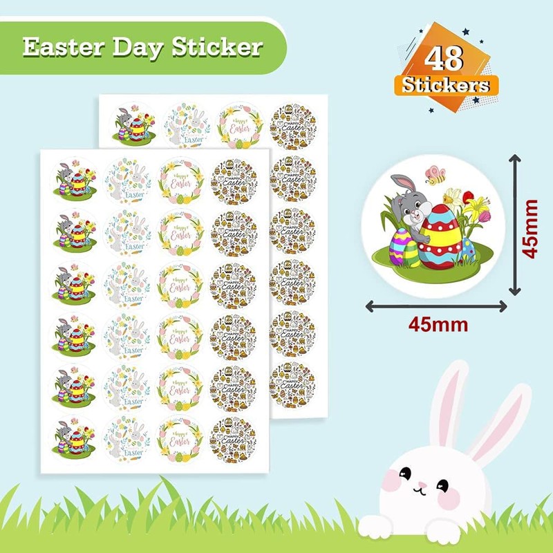 Pack of 48 Round Easter Sticker 45mm Ideal for Cards,