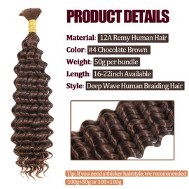 Human Braiding Hair Deep Wave 20 inch 100g Chocolate Brown Bulk Human Hair for Braiding 12A Brazilian Deep Curly Human Hair Extensions for Boho Braids Wet and Wavy Human Hair Braiding Hair