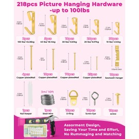 Stalishare Picture Hanging Kit, Magnetic Hammer and Nails and Level Set for Hanging Photo/ Arts, Women Pink Tool 218Pcs Assorted Wall Frame Hanging Kit with Hooks/ Wire/ D Ring/ Sawtooth Hanger 100lbs