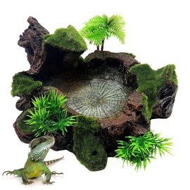 Hamiledyi Plastic Resin Reptile Platform Artificial Tree Trunk Reptile Tank Decor Food Water Dish Bowl with Mossy for Bearded Dragon,Lizard, Gecko, Water Frog