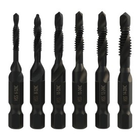 6 Piece Combination Drill and Tap Set in SAE Sizes 6-32nc, 8-32nc, 10-32nc, 10-24nc, 12-24nc, 1/4-20nc with Stainless Black Coating and 6mm Hex Shank for Versatile Applications