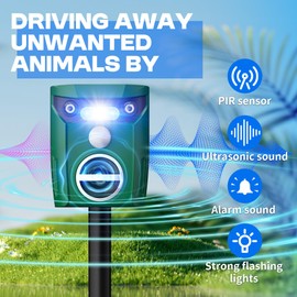 2 Pack Motion Activated Cat Repellent, Outdoor Weatherproof Deer Repellent Device with Flashing Lights & Alarm Solar Ultrasonic Animals Repellent for Cats, Dogs, Raccoons, Rabbits, Squirrels, Skunks