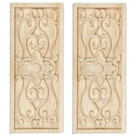 Aiminjey 2 Pcs Decorative Wood Flower Carved Appliques Onlays Decals, 3.1 x 7.8 Inch Unpainted Solid Wooden Square Carving Decal Trim for Furniture Cabinet Closet Decoration (Type1-3.1×7.8inch)