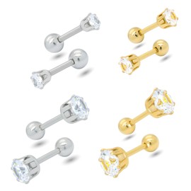 Adelina Style Stud Earrings, 3A Zirconia, Unisex, 6 Prongs, 1 Earring, Hypoallergenic, Surgical Stainless Steel, For Both Ears, Set of 3 Sizes, Silver Stainless Steel Cubic Zirconia, cubic-zirconia