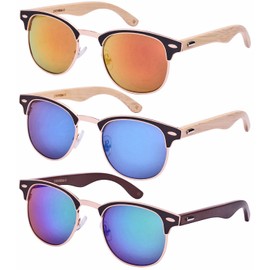Edge I-Wear Wood Bamboo Optical Quality P3 Horned Rim Style Sunglasses w/Mirrored Lens 25039BMO-REV-1(G+BLK/RD REV)