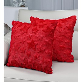 TOYPOPOR Stars Christmas Pillow Covers 18'' x 18'' Set of 2, Soft Faux Rabbit Fur 3D Embroidery Christmas Throw Pillow Covers for Holiday Christmas Decor Sofa, Couch, Invisible Zipper, Skin-Friendly