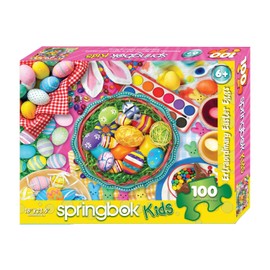 Springbok's 100 Piece Children's Jigsaw Puzzle- Extraordinary Easter Eggs Features a Colorful Collage of Easter Eggs, Easter Treats and Easter Bunnies.