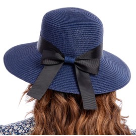 PINKGIRL Women's Straw Sun Hat Summer Bowknot Beach Foldable Hats UV Protection UPF50+ (Navy Blue)