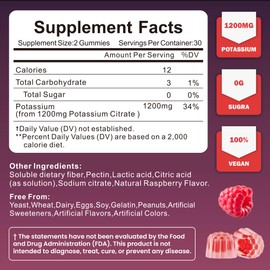 Soochic Potassium Citrate Gummies - 1200mg Chewable Potassium Supplement for Men & Women - Supports Leg Cramps & Muscle Health - Vegan, Gluten Free, Sugar Free - Raspberry Flavor (60 Count)