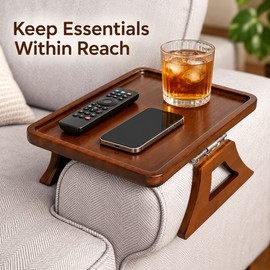 Wooden Sofa Armrest Tray for Living Room TV Time – Foldable Snack & Drink Table