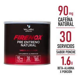 VALARA Firenox Red Punch - Pre-Entreno en Polvo 180 g - Suplemento Alimenticio Natural - Sabor Ponche - Beta Alanina - 30 Servicios - Gym, Entrenamiento