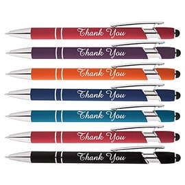 "Thank You" words imprinted on our Rainbow Soft Touch Ballpoint Pen with Stylus Tip is a stylish, premium metal pen, black ink, medium point. Box of 7