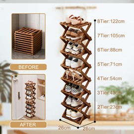 Comeon Bamboo Shoe Rack, Foldable Vertical Shoe Rack for Front Door Entrance Narrow Shoe Organizer Small Shoe Shelf for Entryway Shoe Storage Closet Multi-Tier (Brown Colors,5 Layers)