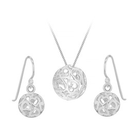 Tuscany Silver Set of Filigree Heart Ball Earrings and Pendant on Curb Chain of 46 cm/18-inch