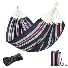 JoyView Brazilian Double Hammock with Hanging Ropes Extra Large 86.6x59” Portable Cotton Hammock for Patio Backyard Porch 450LBS Weight Capacity Perfect for Outdoor/Indoor - Blue & Green Stripes