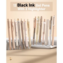 Four Candies Gel Ink Pen Set, 14 Pieces Pen Set with Case, Cute Notes, 0.5mm Fine Point, Retractable 12 Black Ink Pens with 2 Highlighters (Brown)