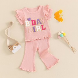 MAHUAOYIXI Baby Girl 2Pcs Birthday Outfits Short Sleeve Letter Embroidery Tops + Flare Pants Set Toddler Girls Clothes Girls Birthday Clothing Set (Pink, 12-18 Months)