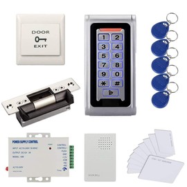 MENGQI-CONTROL Waterproof Metal RFID PIN Code Door Security Access Control System ANSI Standard North American Heavy Duty Electric Strike Lock,110V-240V Power Supply Unit,Exit Button,Cards/Key Fobs