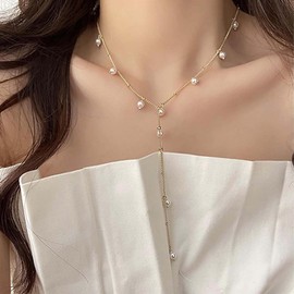 Iaceble Boho Pearl Y Lariat Necklace Gold Pearl Drop Necklace Pearl Y Necklace Vintage Long Pearl Necklace Chain Jewelry for Women and Girls