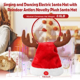 SdeNow Interactive Musical Santa Hat with Swinging Reindeer Antlers Electric Dancing Singing Plush Christmas Hat for Party Decor, Adults & Kids